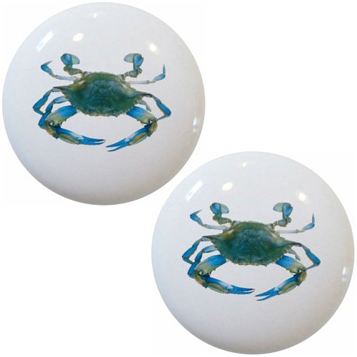 Set Of 2 Blue Crab Ceramic Cabinet Drawer Knobs