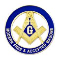 Modern Free Accepted Square Compass Round Masonic Auto Emblem Blue Gold 3 Diameter